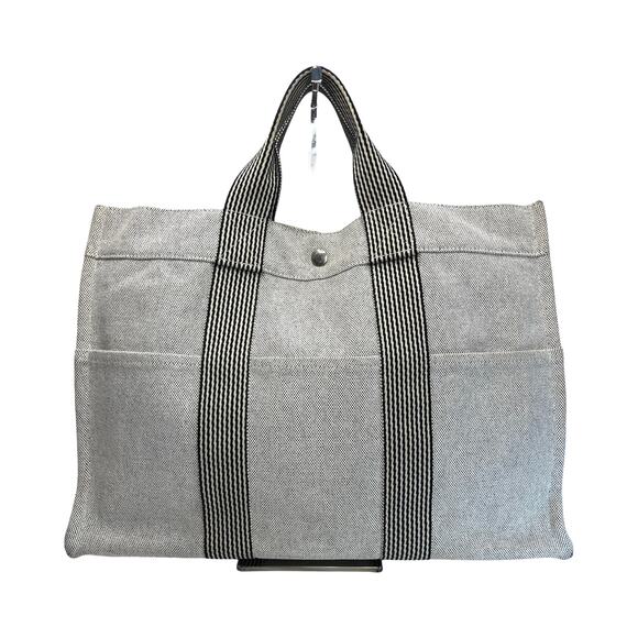 Hermès Canvas Fourre Tout MM Tote Bag Gray Stripe Web Handles Large Authentic - Picture 5 of 16